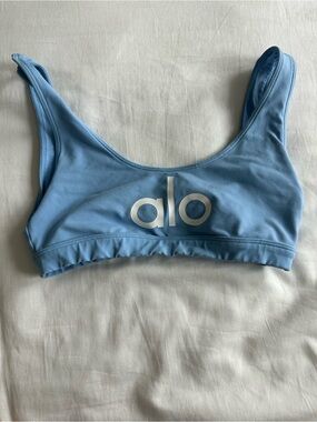 ALO Yoga Sky Blue Sports Bra with Black Logo